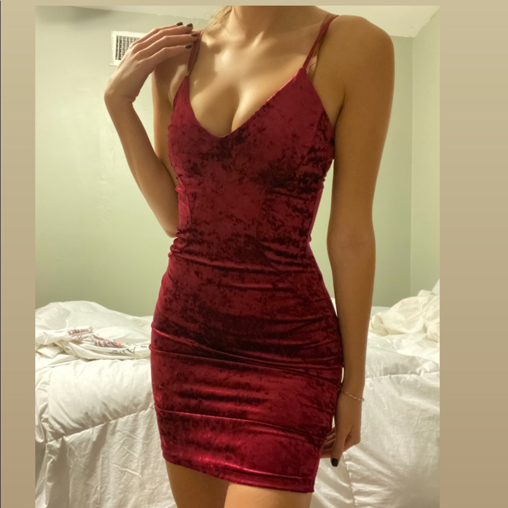 Crushed red velvet spaghetti strap dress